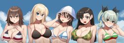 Rule 34 | 5girls, ;p, anchovy (girls und panzer), asymmetrical bangs, bikini, black bikini, black eyes, black hair, black ribbon, blonde hair, blue eyes, blue hat, blue sky, breasts, brown eyes, brown hair, camouflage, camouflage bikini, cleavage cutout, closed mouth, clothing cutout, cloud, cloudy sky, commentary, commission, day, drill hair, english commentary, finnish flag, flag print, girls und panzer, green bikini, green hair, grey hair, hair ribbon, half-closed eyes, halterneck, hand in own hair, hands on own chest, hat, highres, itsumi erika, large breasts, light frown, long hair, looking at viewer, medium breasts, medium hair, mika (girls und panzer), multicolored stripes, multiple girls, nico-mo, nishi kinuyo, nishizumi maho, one eye closed, open mouth, outdoors, parted lips, ribbon, short hair, side-by-side, sky, smile, straight hair, striped bikini, striped clothes, sweat, swimsuit, tongue, tongue out, tulip hat, twin drills, twintails, white bikini
