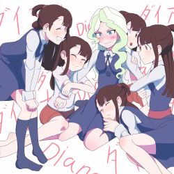 Rule 34 | 6+girls, absurdres, arm around shoulder, bad id, bad pixiv id, blue eyes, blush, brown hair, clone, closed mouth, diana cavendish, embarrassed, english text, girl sandwich, hand on another&#039;s shoulder, happy, harem, highres, jacksou, kagari atsuko, legs, little witch academia, long hair, looking at another, luna nova school uniform, lying on lap, multicolored hair, multiple girls, open mouth, red eyes, sandwiched, school uniform, shorts, skirt, smile, socks, talking, thighs, translation request, two-tone hair, uniform, wavy hair, wavy mouth