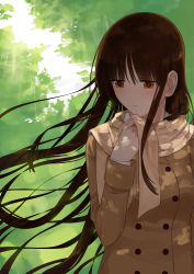 Rule 34 | 1girl, absurdres, akitaka (pixiv12739753), brown eyes, brown hair, dappled sunlight, highres, light rays, long hair, looking to the side, open mouth, original, outdoors, scarf, shade, solo, sunbeam, sunlight, tree