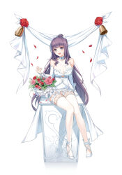 Rule 34 | 1girl, :d, aeri (closers), ankle bow, ankle ribbon, aqua eyes, arm support, back bow, banner, bare shoulders, basket, bell, blunt bangs, blush, bow, braid, breasts, bridal gauntlets, cleavage, closers, clothing cutout, collarbone, desk, dress, falling petals, flower, french braid, full body, gradient eyes, hair bow, hand up, high heels, highres, holding, holding basket, lace, lace-trimmed dress, lace-trimmed thighhighs, lace trim, large breasts, long hair, looking at viewer, mole, mole under mouth, multicolored eyes, official art, on desk, open mouth, petals, pink flower, pink rose, ponytail, purple eyes, purple hair, red flower, red rose, ribbon, rose, see-through, see-through cleavage, short dress, sidelocks, sitting, on desk, sleeveless, sleeveless dress, smile, solo, tachi-e, teeth, thighhighs, underboob cutout, upper teeth only, very long hair, wedding dress, white background, white bow, white bridal gauntlets, white dress, white footwear, white thighhighs
