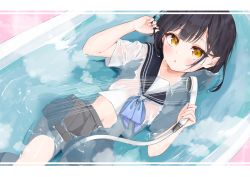 Rule 34 | 1girl, bath, bathing, bathtub, black hair, black sailor collar, blue bow, blush, bow, brown eyes, commentary request, crop top, grey skirt, hands up, highres, hijouguti, holding, looking at viewer, lying, midriff, navel, on back, original, parted lips, partially submerged, pleated skirt, sailor collar, school uniform, see-through, serafuku, shirt, shower head, skirt, solo, wet, wet clothes, wet shirt, white shirt