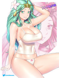 Rule 34 | 1girl, arms behind head, artist name, bare shoulders, bow, bow panties, breasts, cleavage, female focus, fire emblem, fire emblem: three houses, flower, green eyes, green hair, hair flower, hair ornament, hand up, large breasts, long hair, nintendo, panties, rhea (fire emblem), simple background, smile, solo, tank top, thighs, tiara, twitter username, underwear, white panties, white tank top