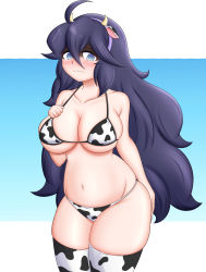 Rule 34 | 1girl, @ @, absurdres, ahoge, animal ears, animal print, arm behind back, bikini, blue eyes, blush, breasts, cleavage, closed mouth, collarbone, cow ears, cow horns, cow print, cow print bikini, cow print thighhighs, creatures (company), fake animal ears, fake horns, female focus, game freak, hair between eyes, hand on own chest, hex maniac (pokemon), highres, horns, kiteman442, large breasts, long hair, looking at viewer, messy hair, navel, nintendo, npc trainer, pokemon, pokemon xy, print bikini, print thighhighs, purple hair, solo, standing, stomach, swimsuit, thighhighs, thighs, very long hair, wavy mouth