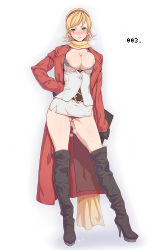 Rule 34 | 009 re:cyborg, 10s, 1girl, belt, blonde hair, boots, breasts, cleavage, cyborg 009, francoise arnoul, gloves, green eyes, hand on own hip, high heels, jacket, jpeg artifacts, large breasts, nipple slip, nipples, pussy, pussy juice, scarf, shoes, short hair, solo, sweat, thigh boots, thighhighs, thighs, xxzero