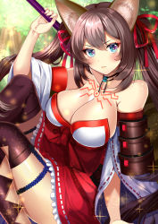 Rule 34 | 1girl, animal ear fluff, animal ears, black thighhighs, blue eyes, blush, bow, breasts, brown hair, caleen keemosn, chest tattoo, cleavage, closed mouth, detached sleeves, expressionless, fox ears, highres, large breasts, long hair, looking at viewer, multicolored eyes, purple eyes, red bow, red skirt, shiny skin, sitting, skirt, solo, square enix, star ocean, star ocean anamnesis, tattoo, thighhighs, twintails, uzura (square enix), waist bow, white sleeves, zettai ryouiki
