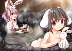 Rule 34 | 2girls, animal, animal ears, animal on head, bathing, bottle, breasts, rabbit, rabbit on head, choko (cup), collarbone, commentary request, cup, folded ponytail, hair up, hisae (hisae collect), inaba tewi, large breasts, long hair, long sleeves, multiple girls, nude, on head, onsen, open mouth, pink hair, rabbit ears, rabbit girl, rabbit tail, reisen udongein inaba, sake bottle, sitting, smile, tail, tokkuri, touhou, tray, water
