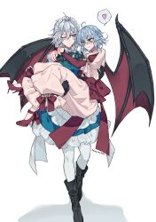 Rule 34 | absurdres, ahoge, anger vein, angry, apron, ascot, bat wings, blue eyes, blue footwear, blush, boots, braid, brooch, brown footwear, carrying, closed mouth, dress, eyelashes, frilled apron, frilled ascot, frilled dress, frilled ribbon, frilled shirt collar, frills, full body, gem, gloves, green ribbon, grey hair, grin, hair between eyes, hair ribbon, happy, headdress, heart, highres, himadera, holster, izayoi sakuya, jewelry, kneehighs, knife sheath, knife sheath, light purple hair, maid, maid apron, maid headdress, mary janes, messy hair, multiple girls, neck ribbon, no headwear, one eye closed, pink dress, princess carry, puffy short sleeves, puffy sleeves, red ascot, red eyes, red gemstone, red nails, remilia scarlet, ribbon, sheath, shoes, short hair, short sleeves, simple background, smile, socks, spoken anger vein, spoken heart, standing, thigh holster, touhou, tress ribbon, twin braids, twitter username, white apron, white background, white gloves, wings, yuri