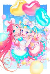 Rule 34 | 2girls, balloon, blonde hair, blue eyes, blue hair, blue sky, border, bow, bracelet, braid, dated, dress, english text, floating, full body, hair bow, hand on another&#039;s head, happy birthday, heart, heart balloon, hibino matsuri, hibino matsuri (primagista), high heels, highres, holding, holding balloon, hug, idol clothes, jewelry, jumping, layered dress, long hair, looking at viewer, multicolored clothes, multicolored dress, multicolored eyes, multicolored hair, multiple girls, myamu, necklace, open mouth, oshiri (o4ritarou), parted lips, pearl necklace, pink hair, polka dot, pretty series, puffy short sleeves, puffy sleeves, purple eyes, short sleeves, sky, smile, streaked hair, teeth, twintails, waccha primagi!, white border