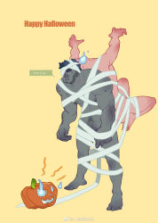 Rule 34 | 2boys, absurdres, back-to-back, bandage over one eye, bandages, bara, beard, blue fire, carrying, carrying person, colored skin, facial hair, fire, full body, grey skin, halloween, halloween costume, happy halloween, headless, highres, male focus, male pubic hair, mature male, multiple boys, muscular, muscular male, naked bandage, navel hair, nipples, original, pectorals, penis, penis peek, pubic hair, severed head, short hair, sideburns, sidepec, thick eyebrows, thighs, xiaolumiaoliya