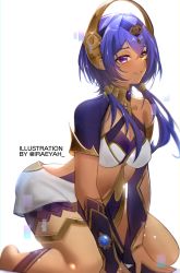 Rule 34 | 1girl, absurdres, asymmetrical sleeves, blue hair, bra, breasts, candace (genshin impact), cleavage, dark-skinned female, dark skin, genshin impact, heterochromia, highres, iraeyah, kneeling, leaning forward, medium breasts, parted lips, purple eyes, short hair with long locks, smile, solo, underwear, white background, white bra, yellow eyes