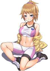 Rule 34 | 10s, 1girl, arm support, bare legs, bare shoulders, bike shorts, blue eyes, blush, breasts, brown hair, collarbone, gundam, gundam build fighters, gundam build fighters try, hoshino fumina, jacket, large breasts, looking at viewer, matsuryuu, midriff, navel, ponytail, scrunchie, shiny skin, simple background, sitting, skindentation, smile, solo, sports bra, stomach, two-tone sports bra, white background