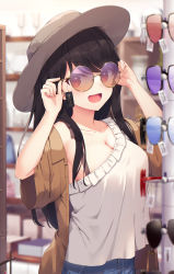 Rule 34 | 1girl, :d, absurdres, black hair, blush, breasts, brown jacket, cleavage, commentary, frilled shirt, frills, hands on eyewear, highres, indoors, jacket, large breasts, long hair, looking at viewer, off shoulder, open clothes, open jacket, open mouth, orange-tinted eyewear, original, purple-tinted eyewear, red eyes, round eyewear, shirt, shopping, short sleeves, single-shoulder shirt, smile, solo, swept bangs, tinted eyewear, tsuchikure, upper body, white shirt, yellow-framed eyewear