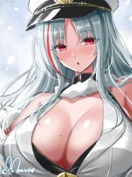 Rule 34 | 1girl, absurdres, azur lane, bare shoulders, blush, breasts, cleavage, coat, fur-trimmed coat, fur trim, hat, highres, hisin, large breasts, long hair, looking at viewer, mole, mole on breast, multicolored hair, parted bangs, parted lips, peaked cap, red eyes, red hair, signature, sketch, solo, streaked hair, tallinn (azur lane), upper body, white coat, white hair, white hat