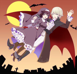 Rule 34 | 1boy, 1girl, ;), ascot, bad id, bad pixiv id, bat (animal), blonde hair, blush, boots, breasts, brown hair, cross, cross necklace, dress, fangs, finger marks, fingernails, full moon, grey eyes, habit, halloween, halloween costume, hand on another&#039;s hip, jewelry, juliet sleeves, kaburagi sui, long sleeves, mallet, moon, nail polish, necklace, nishio rina, nun, one eye closed, ootani mikoto, open mouth, puffy sleeves, sharp fingernails, short hair, smile, soukyuu no fafner, stake, vampire costume, yellow eyes