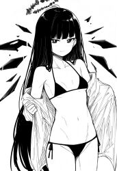 1girl arknights bikini blunt_bangs blush breasts closed_mouth collarbone commentary_request cowboy_shot detached_wings greyscale groin halo highres light_smile long_hair looking_at_viewer makigirisu micro_bikini mole mole_under_eye monochrome navel shirt side-tie_bikini_bottom simple_background skinny small_breasts solo standing swimsuit very_long_hair virtuosa_(arknights) white_background wings