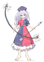 Rule 34 | 1girl, absurdres, arrow (projectile), barefoot, black eyes, blue hair, blush, bow (weapon), closed mouth, constellation print, dress, full body, hair intakes, hat, highres, holding, holding arrow, holding bow (weapon), holding weapon, long hair, looking at viewer, multicolored clothes, multicolored dress, nurse cap, parted bangs, primsla, purple dress, purple hat, red dress, simple background, smile, solo, standing, tiptoes, touhou, weapon, white background, white dress, yagokoro eirin