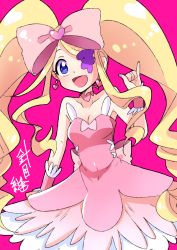 Rule 34 | 10s, 1girl, :d, bad id, bad pixiv id, big hair, blue eyes, bow, breasts, character name, cleavage, dress, drill hair, earrings, eyepatch, hair bow, harime nui, heart, heart earrings, jewelry, kill la kill, long hair, open-mail, open mouth, pink bow, ribbon, smile, solo, strapless, strapless dress