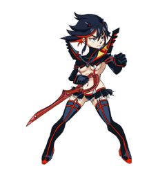 Rule 34 | 10s, 1girl, animated, animated gif, black hair, blinking, blue eyes, boots, breasts, fighting game, fighting stance, inanimate dan, kill la kill, lowres, matoi ryuuko, md5 mismatch, microskirt, midriff, multicolored hair, navel, red hair, resized, revealing clothes, reverse grip, senketsu, short hair, skirt, small breasts, solo, suspenders, thigh boots, thighhighs, two-tone hair, underboob, weapon, white background