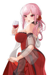 Rule 34 | 1girl, absurdres, alcohol, bangom r, breasts, cowboy shot, cup, dress, drinking glass, from side, highres, holding, holding cup, hololive, hololive english, large breasts, long hair, looking at viewer, mori calliope, mori calliope (party dress), pink hair, red dress, simple background, solo, virtual youtuber, white background, wine, wine glass