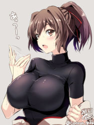 Rule 34 | 10s, 1girl, blush, breasts, brown eyes, brown hair, fanning face, female focus, gin&#039;ichi (akacia), hair ribbon, ise (kancolle), japanese clothes, kantai collection, large breasts, long hair, looking at viewer, open mouth, ponytail, ribbon, simple background, skin tight, solo, sweat, undershirt, upper body