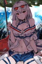 Rule 34 | 1girl, arknights, bare shoulders, blue shorts, blue sky, cloud, commentary request, day, eyewear on head, hand up, head tilt, highres, jannong, long hair, looking at viewer, navel, off-shoulder shirt, off shoulder, official alternate costume, parted lips, red eyes, shirt, short shorts, short sleeves, shorts, silver hair, sitting, skadi (arknights), skadi (waverider) (arknights), sky, solo, stomach, sunglasses, very long hair, white shirt