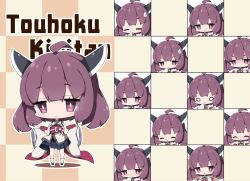 Rule 34 | 1girl, :&lt;, :d, ^ ^, ahoge, anger vein, black footwear, blue skirt, blush, brown eyes, brown hair, character name, checkered background, chibi, closed eyes, closed mouth, commentary request, expressions, head tilt, headgear, highres, japanese clothes, kimono, long sleeves, milkpanda, multiple views, nose blush, obi, open mouth, parted lips, pleated skirt, sash, skirt, sleeves past fingers, sleeves past wrists, smile, socks, sweatdrop, touhoku kiritan, triangle mouth, voiceroid, white kimono, white legwear, wide sleeves