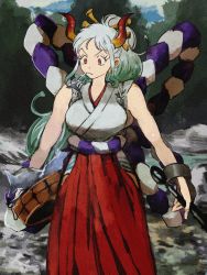Rule 34 | 1girl, bare shoulders, breasts, curled horns, earrings, film grain, green hair, hair ornament, hair stick, highres, hip vent, horns, japanese clothes, jewelry, kimono, long hair, looking at viewer, makenevemoiine, multicolored hair, multicolored horns, one piece, oni, red horns, rope, shimenawa, sleeveless, sleeveless kimono, solo, very long hair, yamato (one piece)