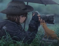 Rule 34 | 1girl, animal, black hat, black jacket, black umbrella, blue eyes, blurry, blurry background, blush, brown hair, brown hat, camera, closed mouth, commentary, english commentary, fingerless gloves, free style (yohan1754), gloves, grass, hair between eyes, hands up, hat, highres, holding, holding camera, hood, hood down, hooded jacket, jacket, long sleeves, looking at another, looking away, lying, on stomach, original, outdoors, rain, short hair, smile, umbrella, water, weasel