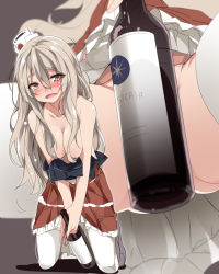 Rule 34 | 10s, 1girl, alcohol, blush, bottle, breasts, brown eyes, brown hair, censored nipples, commentary request, convenient censoring, drunk, hair between eyes, heart, highres, kantai collection, large breasts, long hair, mtu (orewamuzituda), multiple views, no panties, pola (kancolle), red skirt, sketch, skirt, smile, thighhighs, topless, wavy hair, white thighhighs