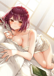 Rule 34 | 1girl, alt (ctrldel), atelier (series), atelier sophie, bare legs, bed sheet, blush, book, breasts, brown eyes, cleavage, closed mouth, collarbone, commentary request, fingernails, highres, large breasts, looking at viewer, lying, off shoulder, on stomach, pillow, red hair, short hair, smile, solo, sophie neuenmuller, thighs