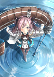 Rule 34 | 1girl, absurdres, ahoge, anchor, azur lane, black pantyhose, blush, bow, bowtie, commentary request, dress, elbow gloves, flight deck, floating hair, from above, gloves, hair ornament, hand on own hip, highres, holding, holding staff, jacket, jacket on shoulders, long hair, long sleeves, looking at viewer, loots, machinery, military jacket, ocean, one eye closed, outdoors, pantyhose, partially fingerless gloves, pink hair, purple eyes, red bow, rigging, saratoga (azur lane), short dress, sleeveless, sleeveless dress, solo, staff, standing, standing on liquid, turret, waves, white footwear, white jacket