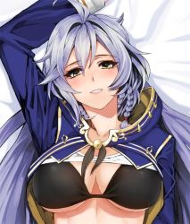 Rule 34 | 10s, 1girl, arm at side, arm up, black bra, blush, bra, braid, breasts, cape, clothes lift, granblue fantasy, hair between eyes, large breasts, looking at viewer, midriff, parted lips, shirt lift, silva (granblue fantasy), smile, solo, twin braids, underboob, underwear, whoosaku, yellow eyes