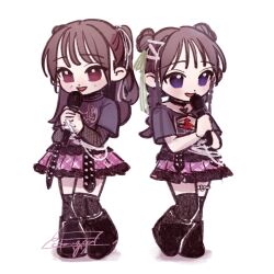 Rule 34 | 2girls, artist name, assault lily, black choker, black footwear, black shirt, black thighhighs, boots, braid, brown hair, choker, commentary request, double bun, finger ribbon, fishnet top, fishnets, frilled skirt, frills, fukuyama jeanne sachie, green ribbon, hair bun, hair ornament, hair ribbon, hand on own chest, hands up, heart, heart choker, heart o-ring, heel up, holding, holding microphone, knee boots, komuzuka, layered sleeves, long hair, long sleeves, looking ahead, low twin braids, low twintails, microphone, miniskirt, mole, mole above mouth, multiple girls, o-ring, o-ring thigh strap, official alternate costume, parted lips, pink eyes, pink skirt, plaid, plaid skirt, pleated skirt, print shirt, purple eyes, red ribbon, ribbon, seto veronica ichika, shirt, short sleeves, signature, simple background, skirt, smile, standing, thigh strap, thighhighs, twin braids, twintails, two side up, white background, white ribbon, zettai ryouiki