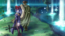 Rule 34 | 1boy, 3girls, blue hair, blush, bow, bow (weapon), cape, cloak, cross, floating, forest, garter belt, glowing, grass, habit, hair bow, hair over one eye, hand on own chest, hat, holding, hunter (ragnarok online), knight, knight (ragnarok online), latin cross, long hair, looking back, multiple girls, nature, plant, priest, priest (ragnarok online), puffy sleeves, ragnarok online, sack, shoes, side slit, sidelocks, staff, thighhighs, tree, walking, water, waterfall, weapon, yuuki tatsuya