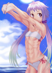 Rule 34 | 1girl, abs, bare arms, bare shoulders, bikini, blue sky, breasts, closed mouth, cloud, cowboy shot, day, green hair, hair tie, highres, long hair, muscular, muscular female, navel, outstretched arms, palms, purple eyes, purple hair, sky, small breasts, smile, solo, soon (c-u-soon), standing, stomach, strapless, strapless bikini, stretching, sun, sunlight, swimsuit, tareme, toned, underboob, very long hair, vocaloid, voiceroid, white bikini, yuzuki yukari