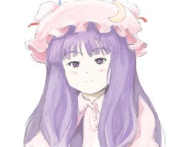 Rule 34 | 1girl, bad id, bad pixiv id, crescent moon, female focus, hat, moon, nto (hir0sun), patchouli knowledge, profile, purple eyes, purple hair, simple background, solo, touhou, white background