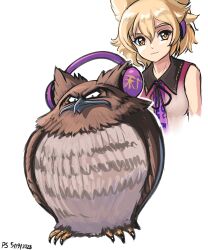 Rule 34 | 1girl, absurdres, bird, brown eyes, closed mouth, commentary, dated, earmuffs, english commentary, highres, light brown hair, looking at viewer, owl, profitshame, signature, simple background, sleeveless, touhou, toyosatomimi no miko, toyosatomimi no miko (owl), white background