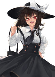 Rule 34 | 1girl, :d, absurdres, bad id, bad twitter id, bag, black dress, black hat, black necktie, blush, bow, breasts, brown hair, cowboy shot, dress, hand on own hip, handbag, hat, hat bow, highres, holding, holding bag, long hair, long sleeves, looking down, muraryo, necktie, open mouth, red eyes, shirt, simple background, small breasts, smile, solo, standing, touhou, usami renko, white background, white bow, white shirt