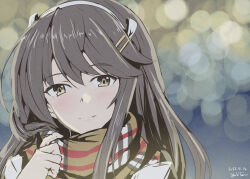 Rule 34 | 1girl, artist name, black hair, blurry, blurry background, blush, brown eyes, brown scarf, closed mouth, coat, commentary request, dated, hair ornament, hairclip, haruna (kancolle), kantai collection, looking at viewer, outdoors, scarf, smile, solo, taira yuuki, upper body, winter clothes, winter coat