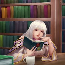 Rule 34 | 1girl, book, bookshelf, circlet, coffee cup, commission, commissioner upload, cup, disposable cup, finger to mouth, fire emblem, fire emblem: genealogy of the holy war, fire emblem heroes, highres, holding, holding book, indoors, julia (fire emblem), library, loptoart, nintendo, open mouth, purple eyes, reading, signature, sitting, table, white hair