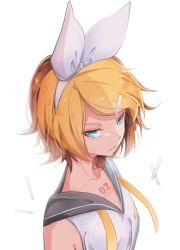 Rule 34 | 1girl, bare shoulders, blonde hair, blouse, blue eyes, bow, chest tattoo, collar, commentary, expressionless, from side, grey collar, hair bow, hair ornament, hairclip, half-closed eyes, kagamine rin, looking at viewer, neck ribbon, number tattoo, portrait, ribbon, sailor collar, school uniform, shirt, short hair, sleeveless, sleeveless shirt, solo, swept bangs, tattoo, tsurime, undone neck ribbon, unworn hair ornament, unworn hairclip, vocaloid, wanaxtuco, white background, white bow, white shirt, yellow neckwear