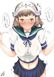 Rule 34 | 1girl, blue collar, blue skirt, blush, breasts, brown eyes, brown hair, collar, commentary request, embarrassed, covered erect nipples, eyewear strap, full-face blush, glasses, headdress, highres, kantai collection, large breasts, looking at viewer, midriff, navel, pince-nez, roma (kancolle), school uniform, serafuku, shirt, short hair, signature, simple background, skirt, smile, solo, speech bubble, tokiziku, translation request, white background, white shirt