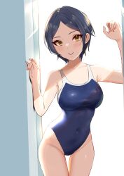 Rule 34 | 1girl, absurdres, black hair, blue one-piece swimsuit, breasts, brown eyes, commentary request, competition school swimsuit, covered navel, cowboy shot, etsutsuni, hayami kanade, highres, idolmaster, idolmaster cinderella girls, large breasts, leaning forward, one-piece swimsuit, parted lips, school swimsuit, short hair, smile, solo, swimsuit, thigh gap