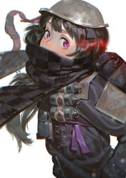 Rule 34 | 1girl, backpack, bag, black hair, checkered clothes, checkered scarf, explosive, grenade, karasu-san (syh3iua83), long hair, military, military uniform, original, pouch, purple eyes, scarf, simple background, solo, uniform, upper body, white background