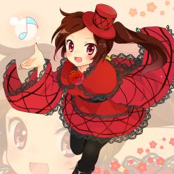 Rule 34 | 1girl, :d, blush, brooch, brown hair, dress, flower, flower brooch, hat, jewelry, lace, mochizuki yomogi, musical note, nail polish, open mouth, original, pantyhose, quaver, red dress, red eyes, red skirt, rose, side ponytail, skirt, smile, solo, top hat, zoom layer