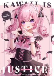 Rule 34 | 1girl, :d, absurdres, artist name, black bow, black skirt, bow, comiket 103, commentary request, cover, cover page, frilled sailor collar, frilled skirt, frills, hands up, heart, heart hands, highres, looking at viewer, open mouth, original, pink background, pink bow, pink hair, pink skirt, pleated skirt, purple eyes, ringlets, romaji text, sailor collar, sapphire (sapphire25252), shirt, skirt, smile, solo, twintails, two-tone background, white background, white sailor collar, white shirt, wrist cuffs