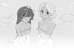 Rule 34 | :o, ahoge, arm under breasts, bare arms, bare shoulders, breasts, brooke (mleth), commentary, dark-skinned female, dark skin, english commentary, greyscale, hair between eyes, highres, long hair, looking at viewer, medium breasts, mleth, monochrome, naked towel, onsen, open mouth, original, partially submerged, short hair, smile, steam, stina (mleth), towel, water