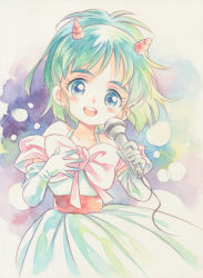 Rule 34 | 1girl, agahari, bow, commentary request, copyright request, dress, gloves, green eyes, green hair, highres, holding, holding microphone, horns, looking at viewer, microphone, open mouth, pink bow, short hair, smile, solo, traditional media, white dress, white gloves