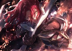 Rule 34 | 1boy, black gloves, bow (weapon), cape, failnaught (fate), fate/grand order, fate (series), fire, gloves, holding, holding bow (weapon), holding weapon, long hair, male focus, red hair, sabamori, solo, tristan (fate), weapon, yellow eyes