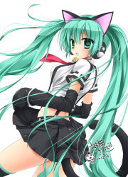 Rule 34 | 10s, 1girl, 2012, adapted costume, animal ear headphones, animal ears, bell, cat ear headphones, cat ears, cat tail, collar, dated, detached sleeves, fake animal ears, green eyes, green hair, hatsune miku, headphones, jingle bell, kanna satsuki, long hair, looking back, matching hair/eyes, neck bell, project diva, project diva (series), simple background, skirt, skirt hold, solo, suspenders, tail, thighhighs, twintails, very long hair, vocaloid, white background